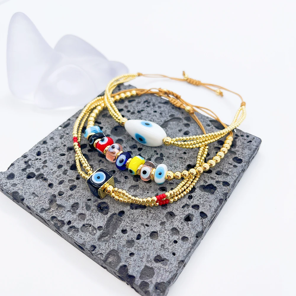 سوار KKBEAD Boho مطلي بالذهب عيار 18 قيراط لحماية العين الشريرة للنساء هدية مجوهرات قابلة للتعديل وقابلة للتكديس مصنوعة يدويًا