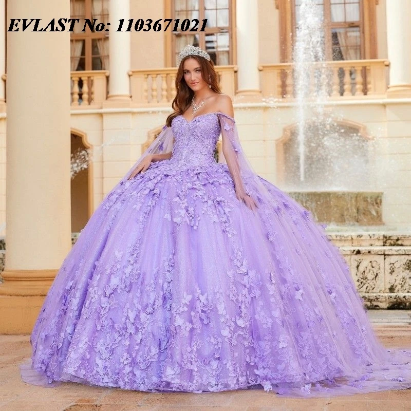 

EVLAST Customized Lavender Quinceanera Dress Ball Gown Butterfly Applique Beading Cape Sweet 16 Vestidos De XV 15 Anos SQ17