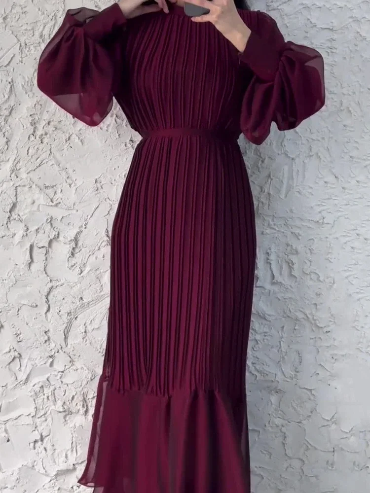 فستان عيد مسلم للنساء فساتين طويلة بطيات حلوة عباية حفلة رمضان برباط فيستدوس لارجو إسلام دبي رداء عربي طويل 2026 #4