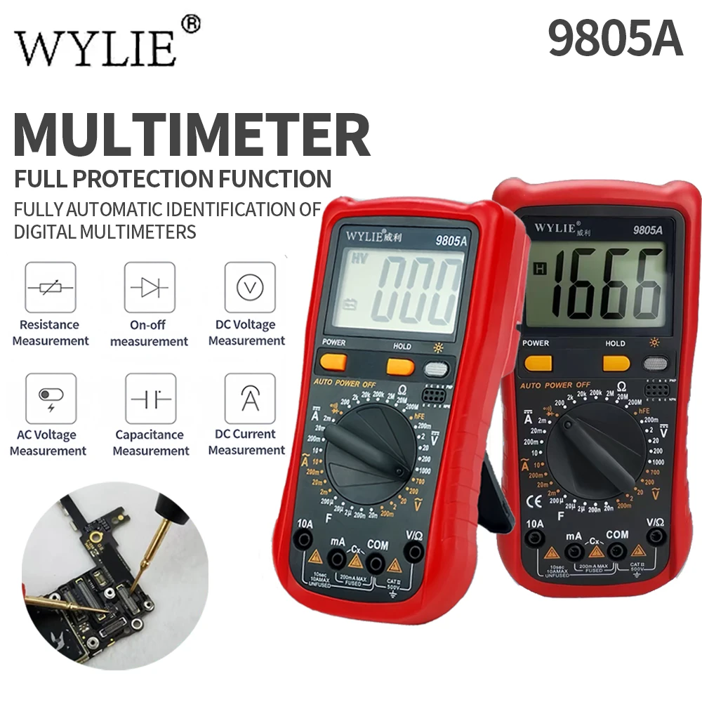 

WYLIE 9805A Полностью автоматический идентификационный цифровой мультиметр для напряжения, тока, сопротивления, емкости, NCV, инструмент для проверки напряжения
