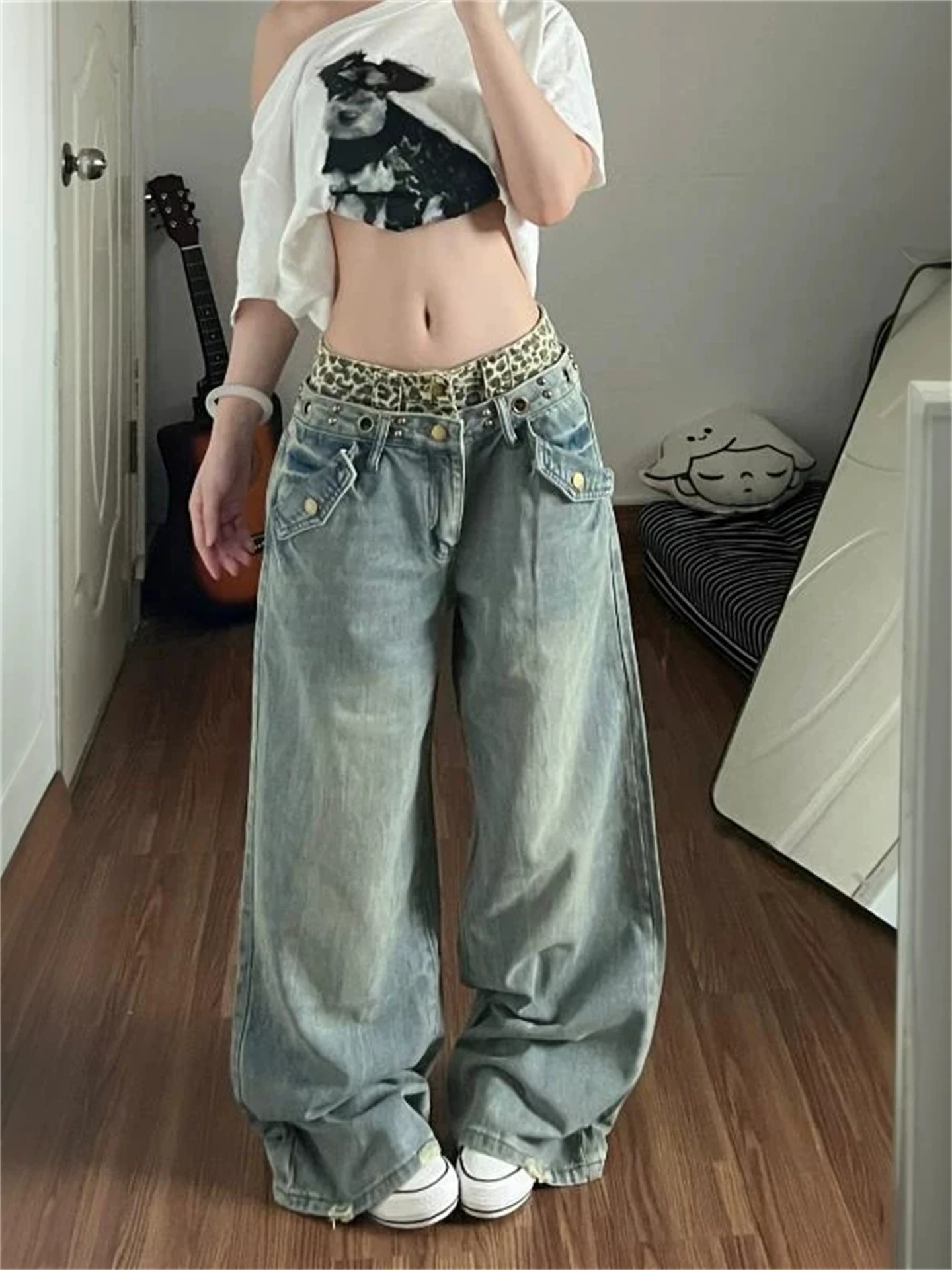 Retro Loose Wide Leg Men's Jeans Rivet Leopard Print Street Style mid Waist Straight Cut Casual Trousers for Teenagers