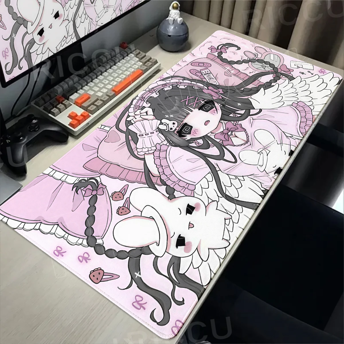 Kawaii Anime Mädchen Großes Mauspad Rosa Pastell-Kunst Büro Studier-Unterlage Rutschfeste Schreibtischunterlage für Japanische Ästhetik Laptop Schreibtischunterlage Mausmatte