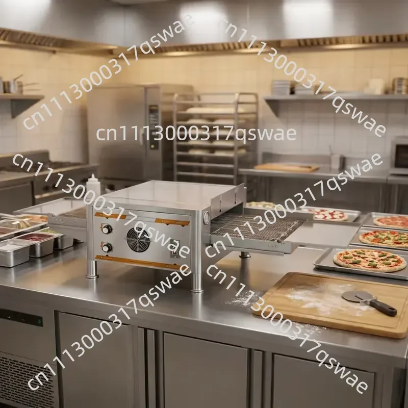 Commercial electric 12-inch chain-mounted stainless steel pizza oven with built-in timer for baking purposes
