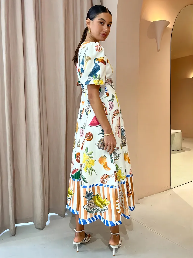 Short Sleeve Fashion Vintage Print Maxi Dress Casual Summer Round Neck Puff Sleeve Loose Women Long Dress Slim Fit Elegant Robe