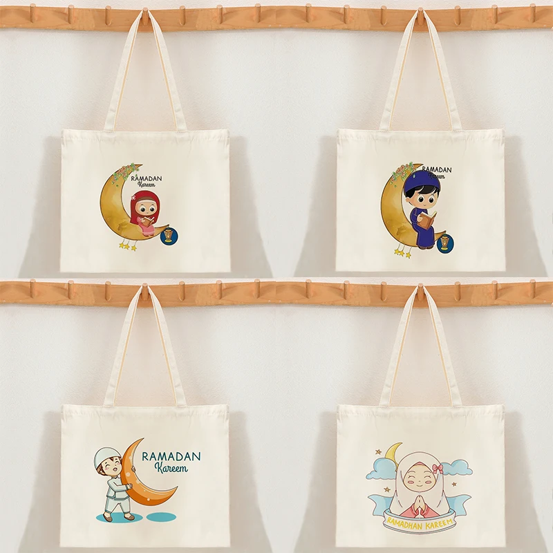 Ramadan Kareem Cartoon Canvas Tote Bag Eid Mubarak Crescent Moon Print Reusable Shopping Shoulder Gift Bag