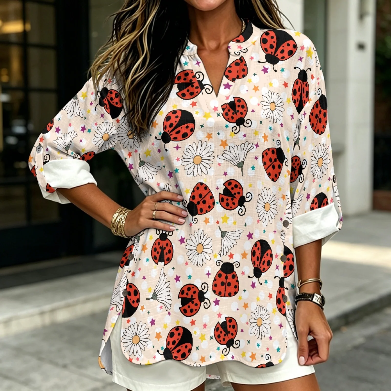 PENSTROLL Ladybug Daisy Linen Like Women's Long Sleeve V-Neck Blouse Casual Fit Casual Blouses for Womens Sizes S-5XL