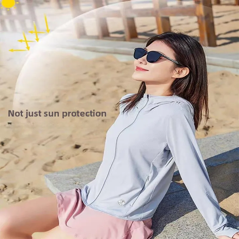 Women's Summer Thin Outdoor Breathable UV Protection Ice Silk Top Hooded Polyester Fiber Fashion Urban Sport Zipper Closure