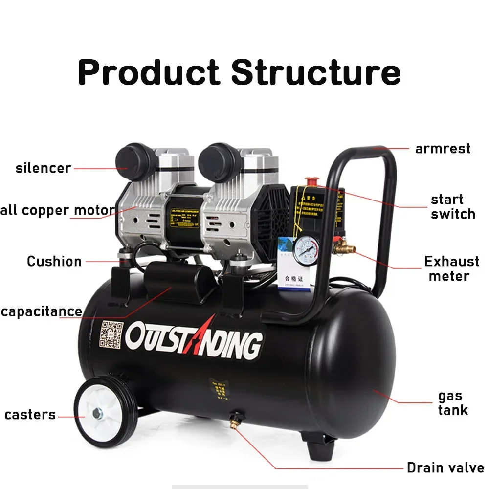 220V 1100W 8L Small Air Compressor 6L Oil-free Silent High Pressure Industrial Air Compressor Portable Woodworking Air Pump