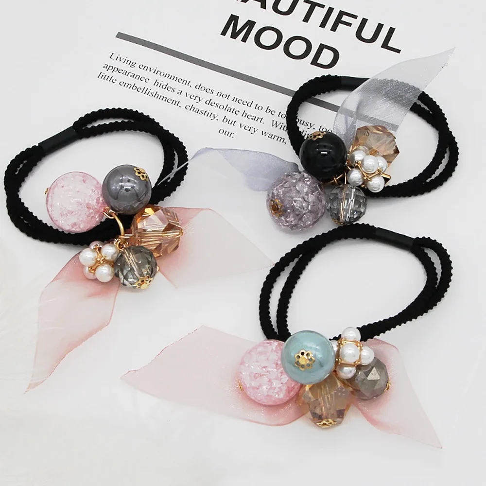 Fashion Rhinestone Beaded Hair Tie Bracelets Elasitc Crystal Pearl Hair Scrunchies Women Girls Ponytail Holder Elegant Headwear