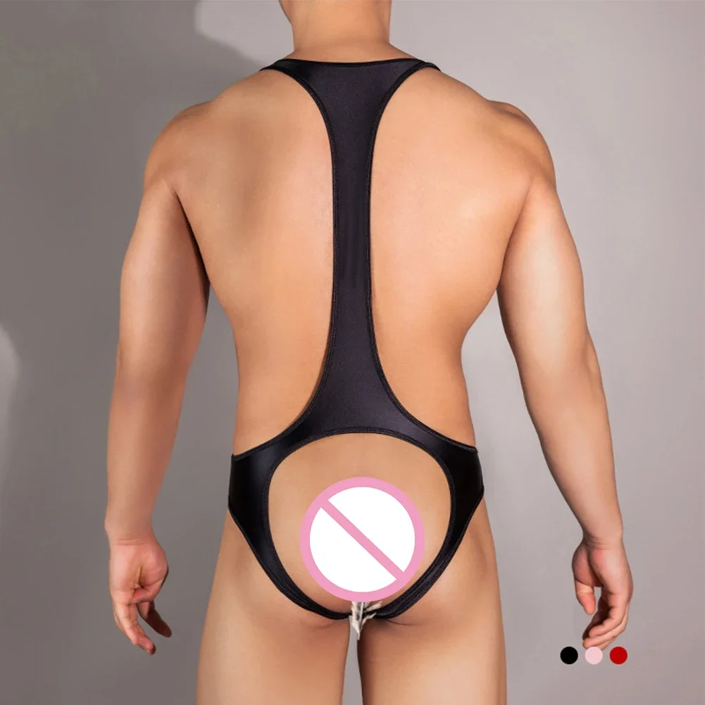 Bodysuit Men Men's Solid Shiny Bodysuit Stretchy High Cut Backless Thong and Suitable for Lingerie and Swimwear