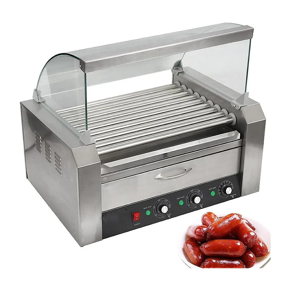 HHD09A Hotdog Roller Grill Commercial Hot Dog Snack Equipment Warming Cabinet Hot Dog Maker Sausage Maker with Glass Guard