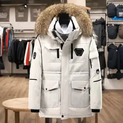Men Down Jacket with Multiple Pockets Hooded Faux Fur Trim Long Sleeve Windproof Design Outdoor Coat Zipper Placket Cargo Down C