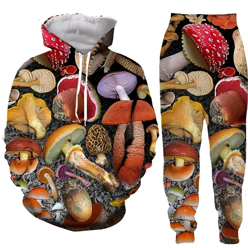 الفطر نمط ثلاثية الأبعاد طباعة الخريف هوديس السراويل مجموعات الرجال بلوزات Sweatpants في الهواء الطلق قطعتين الدعاوى رياضية رجل الملابس