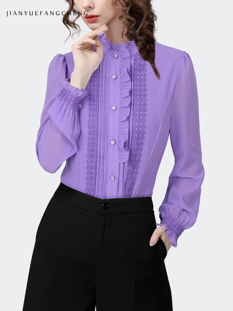 2024 Spring New Women Purple Ruffles Blouse Long Sleeve Lace Top Elegant Slim Office Ladies Work Casual Shirts