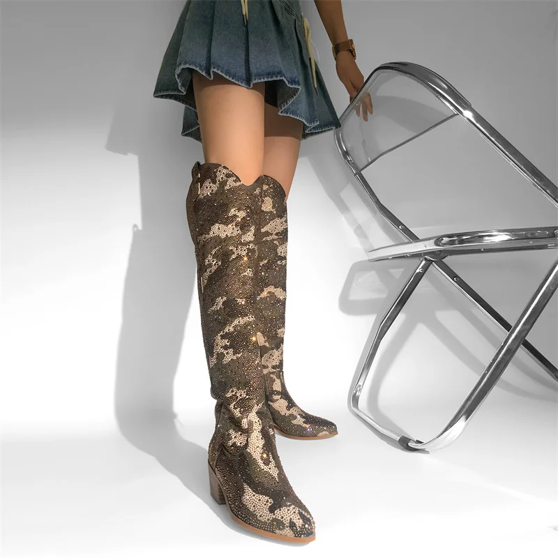 Onlymaker Women Pointed Toe Camouflage  Rhinestone Over The Knee Boots Chunky Heel Bling Big Size Female Boots