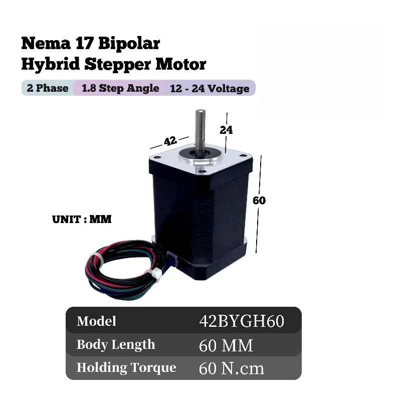 NEMA 17 42x42x 60mm 60N.CM 2.1a 42BYGH60 12V 4 Lead 1.8 Degree Hybrid Stepper Motor