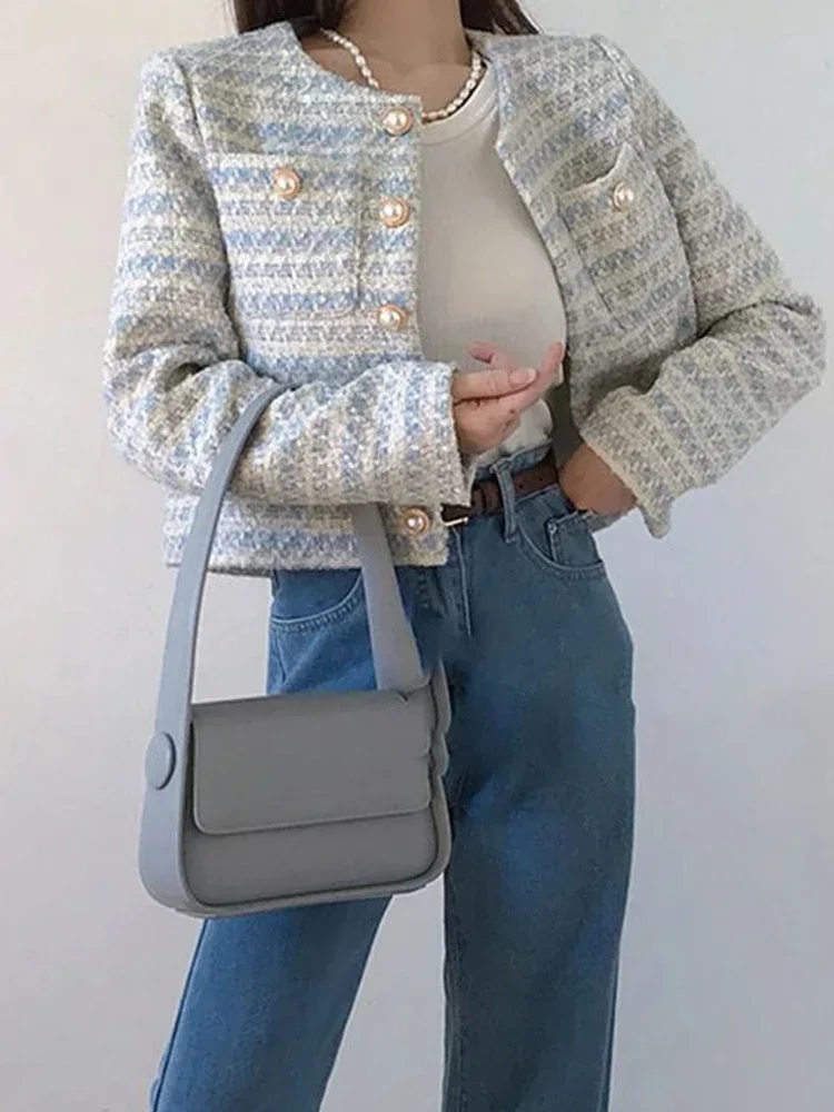 Cárdigan de Tweed elegante para mujer, Chaqueta corta con bolsillo, de un solo pecho, prendas de vestir holgadas, otoño e invierno, 2024, novedad de 2023