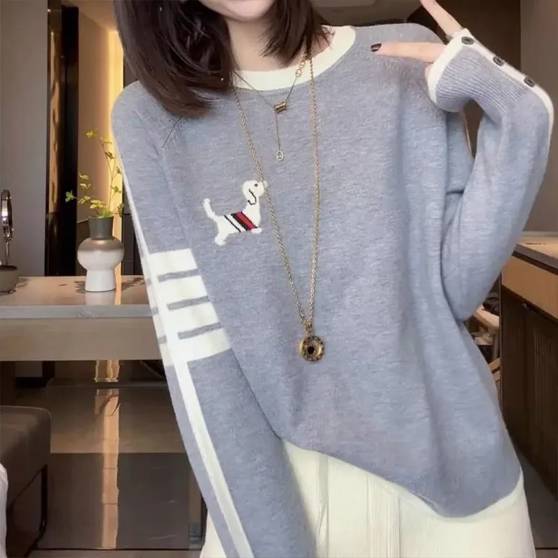 Women Clothing Puppy Embroidery All-match O-neck Pullovers Autumn Winter Fashion Loose Long Sleeve Knit Sweaters Chic Sweet Tops