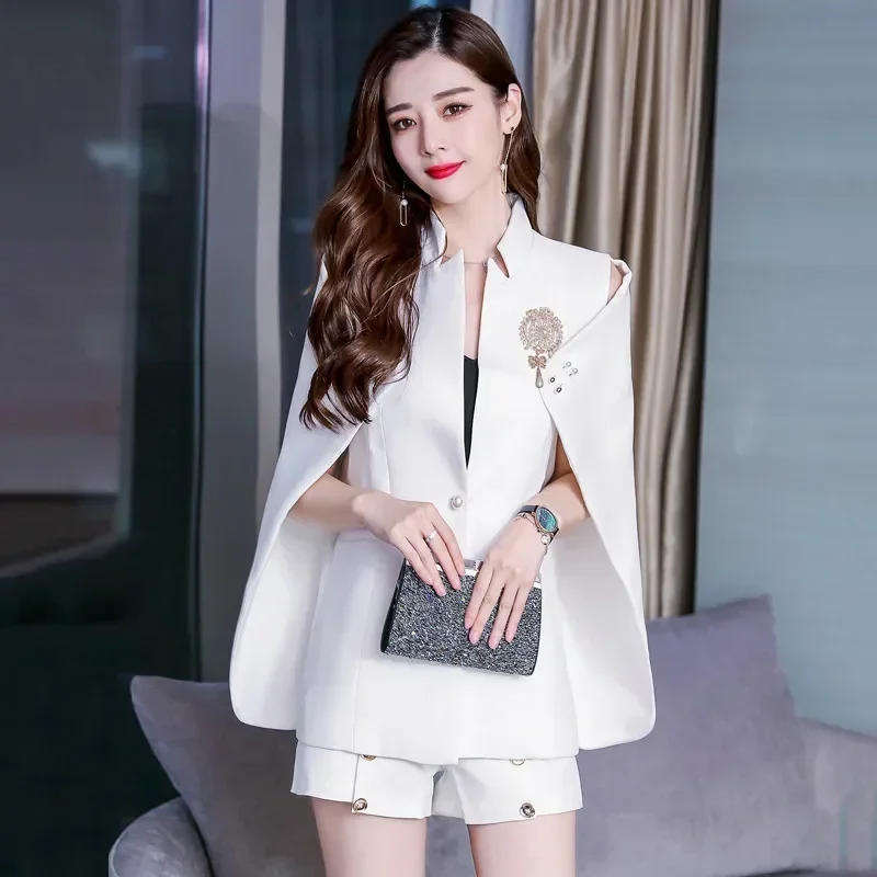 

Spring Fashion White Cloak Korean Style Elegant OL Large Size Cape Blazer Loose Elegant Pearl Work Fashion Women Poncho Coat