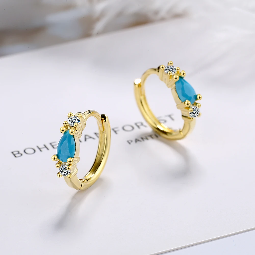 Genuine 925 Sterling Silver Pear Natural Turquoise Hoop Earrings For Women Vintage Wedding Fine Jewelry