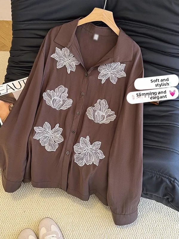 Ele Comfortable Women's irt 2025 Autumn New Sle Pasted Flower Slimming Versatile Cotton  Collar Long Sve Casua...