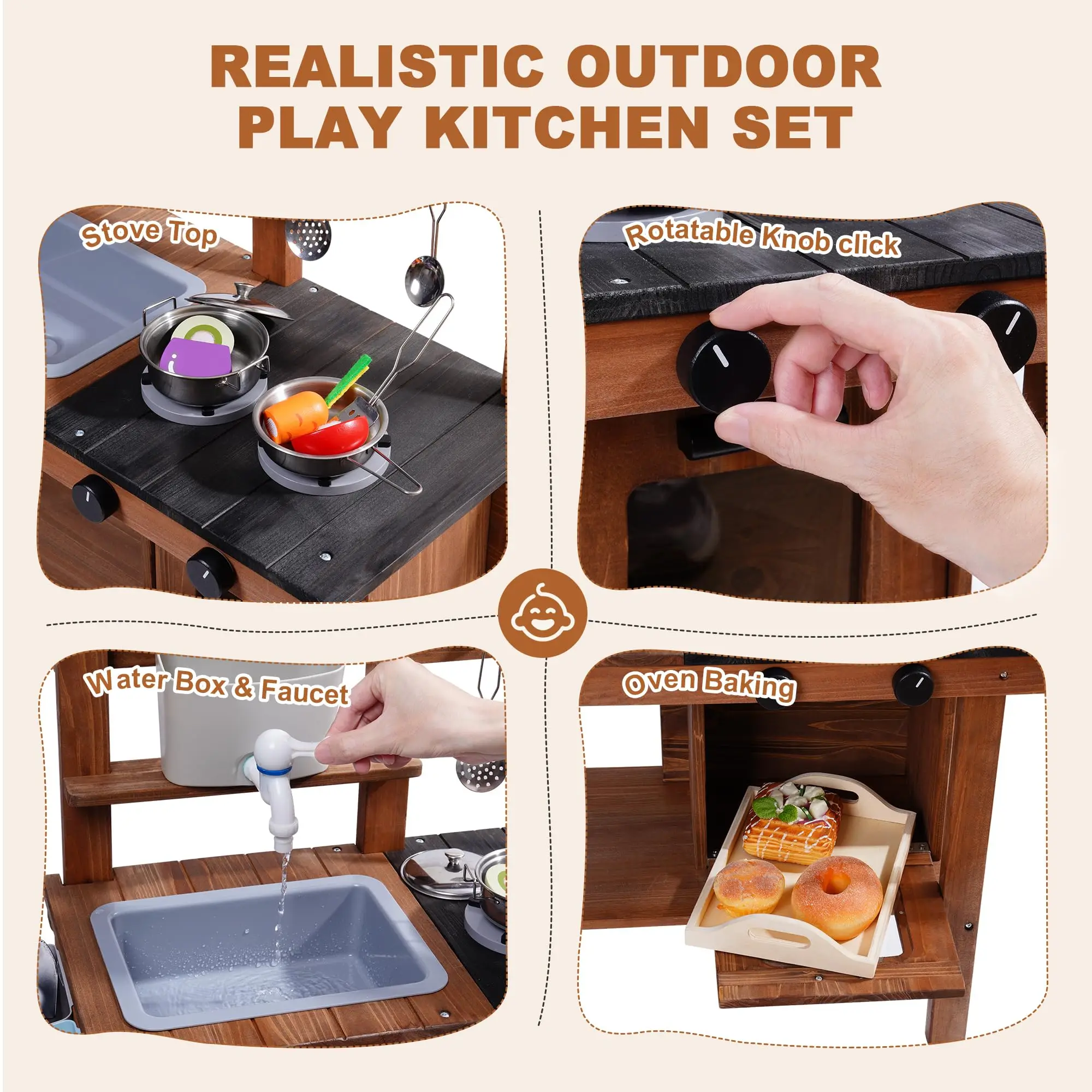 ROBOTIME ROBUD Cuisine de boue en bois extérieure avec roulettes Cuisine de jeu avec évier et robinet amovibles, jouets Monteeori pour enfants âgés de 3 ans et plus