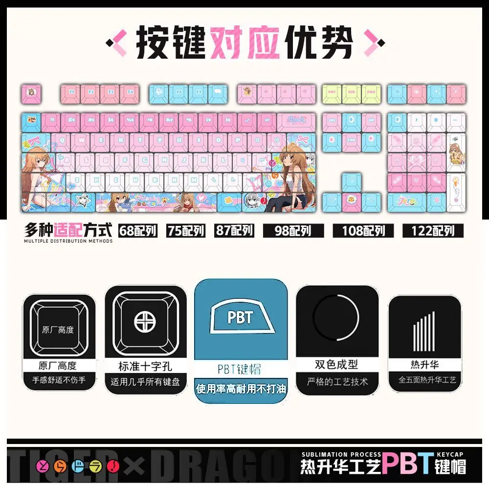 Custom 122 Keys Aisaka Taiga Keycaps Anime Game Cherry PBT Transparent for Made68 Mad68 Wooting 60 Mechanical Keyboard Gift