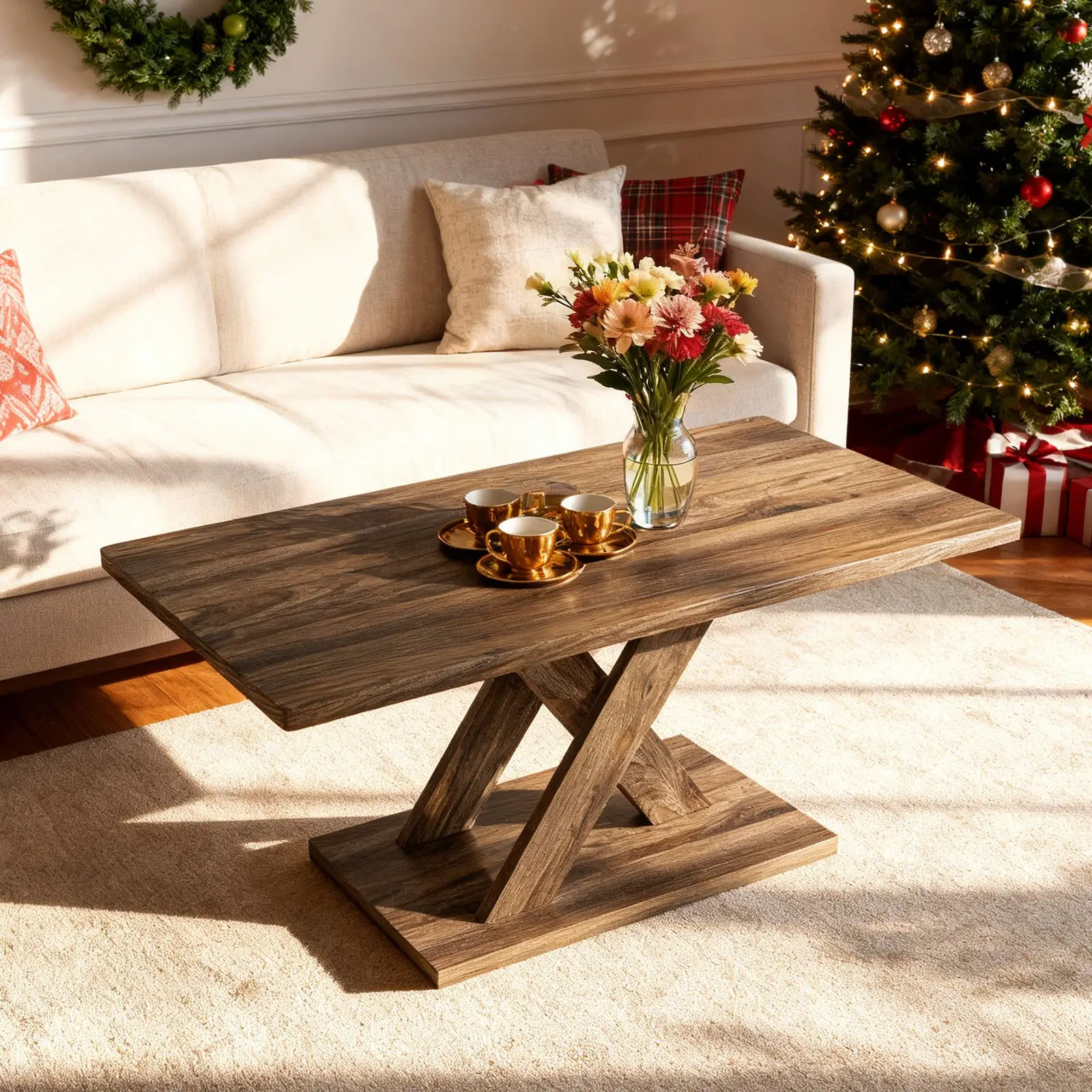 37.5 Inch Rectangular Coffee Table with Stable Base and Rubber Wood Connection for Living Room