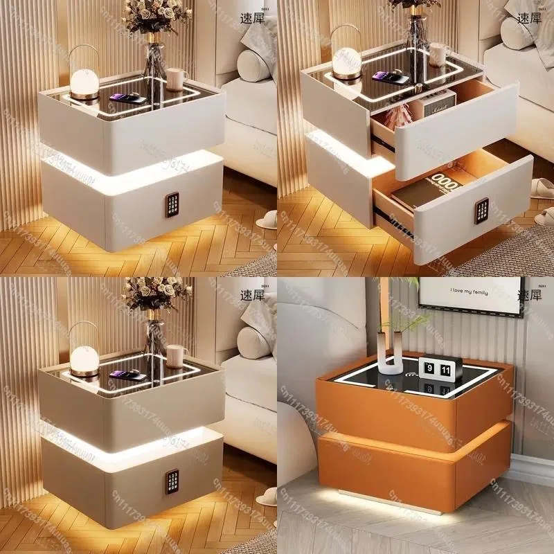 For 40cm Smart Nightstand with Sensor Light Compact Lockable Solid Wood Bedside Table Modern Style Storage Cabinet for