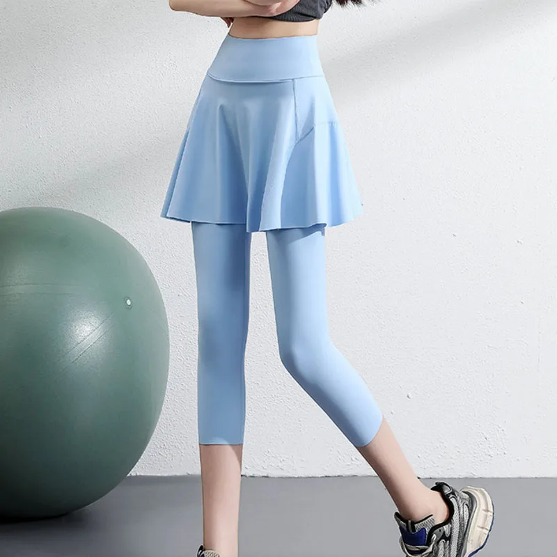 PofyBofy Blue Skirted Legging Running Leggings with Skirt with Pocket Tummy Control Sports Skirts Legging Tennis Golf Legging