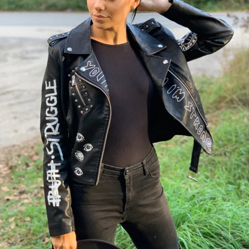 Fitaylor Autumn Winter Women Graffiti Print Faux Leather Jacket Lady Moto Bike PU Leather Coat Casual Rivet Jacket with Belt