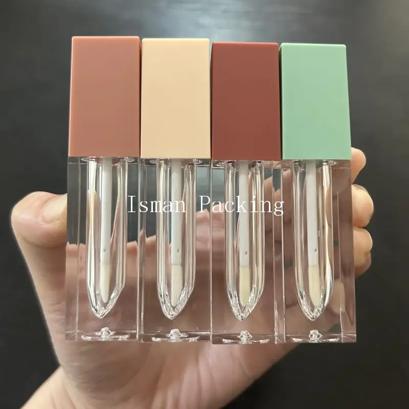 

50Pcs Red Orange Cream Green Square Refillable 3ml Empty Lipstick Lip Gloss Tubes Plastic Lip Oil Tube With Wands Brush