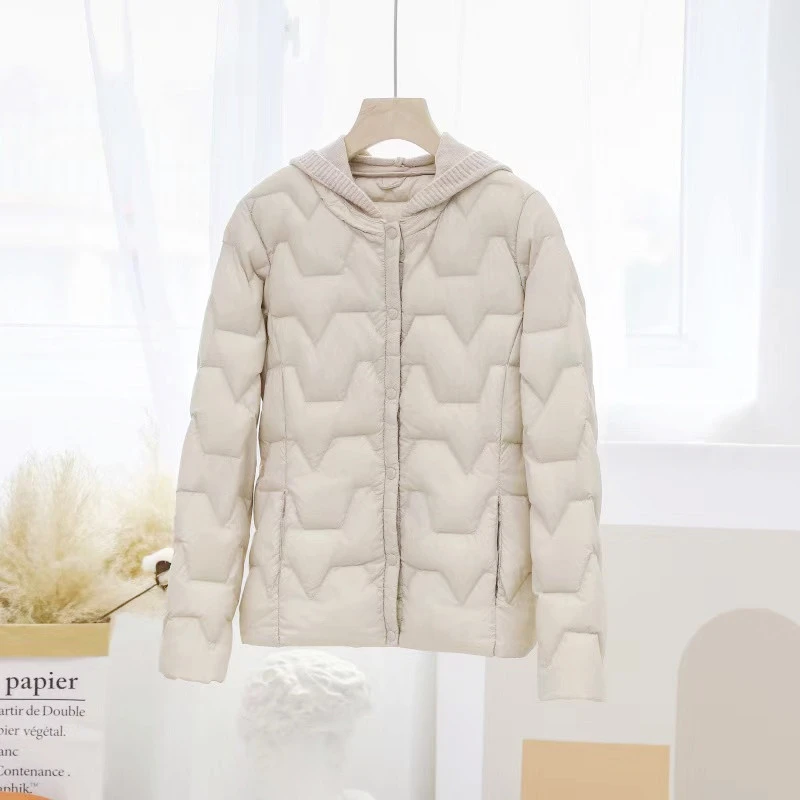 Autumn Winter Knitted Patchwork Hooded Jacket Women Light White Duck Down Coat Oversize Puffer Parkas Ladies Short Warm Outwears