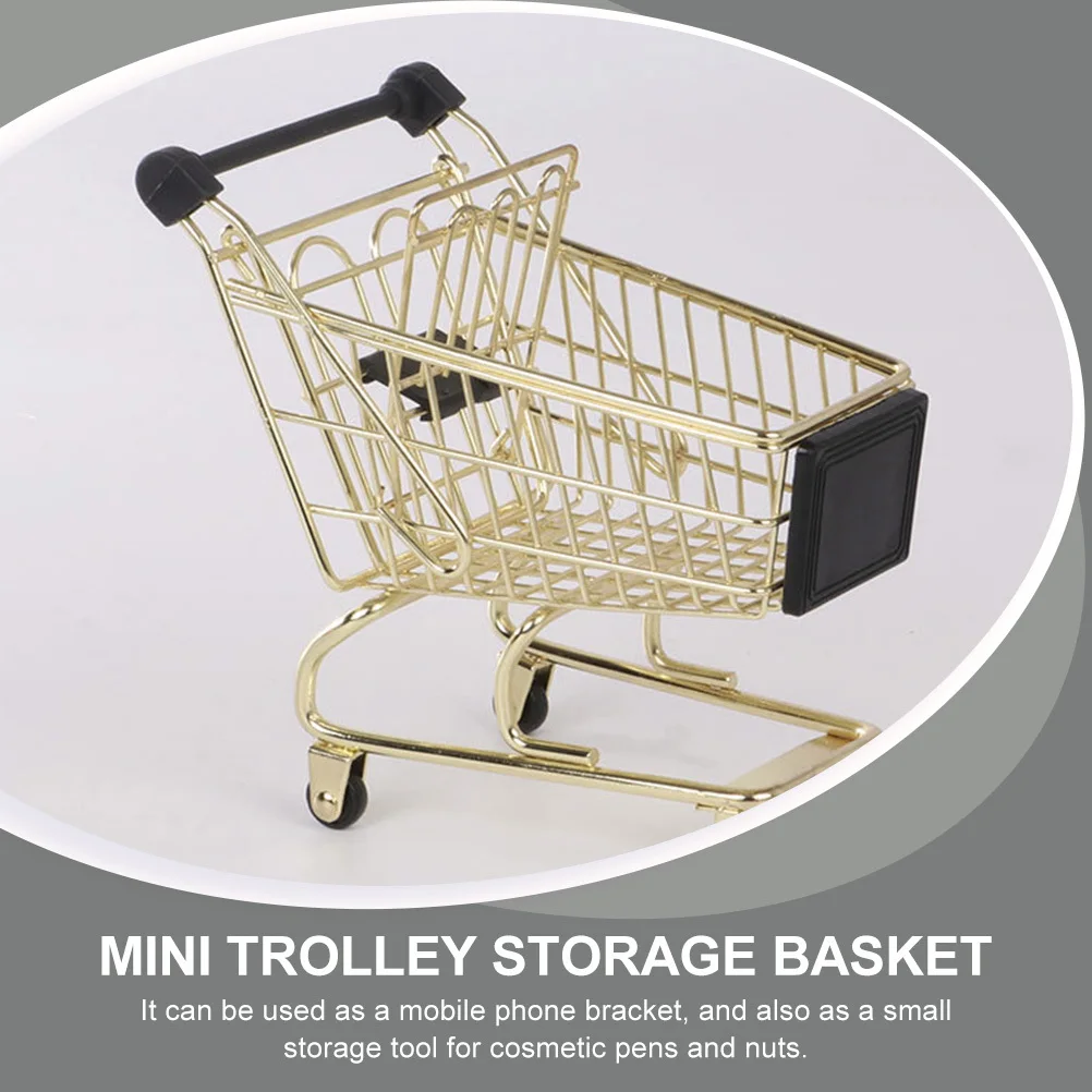 

1pc Metal Trolley Storage Basket Shopping Cart Decorative Desktop Organizer Home Kitchen Office Phone Stand