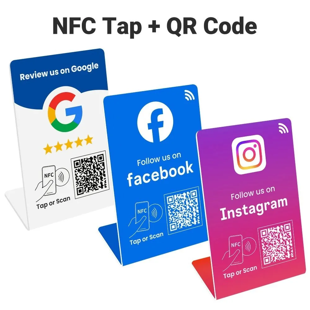 Custom Acrylic Social Media Stand Sign Tap-to-Connect Plate Google Review QR Code Tabletop Display Stand for Business Shop Decor
