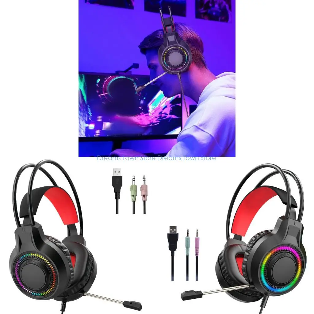 HX6A Redness Black Light Up Wireds Headphones Heavy Bass Stereo Sound Soft Ear Pad
