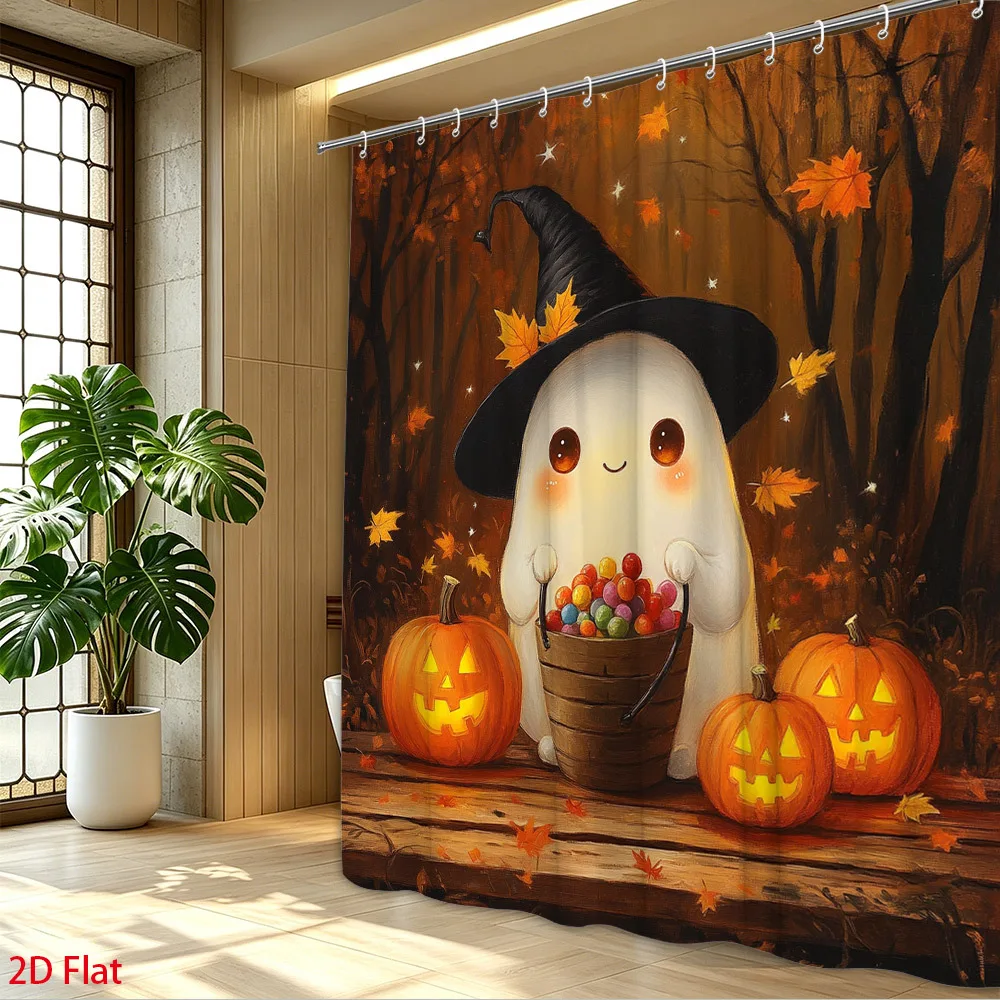 2D Flat, 1pc 2D Flat Halloween Shower Curtain Adorable Ghost with Pumpkin And Candy Fall Decor, Cute Character Design for Bathro