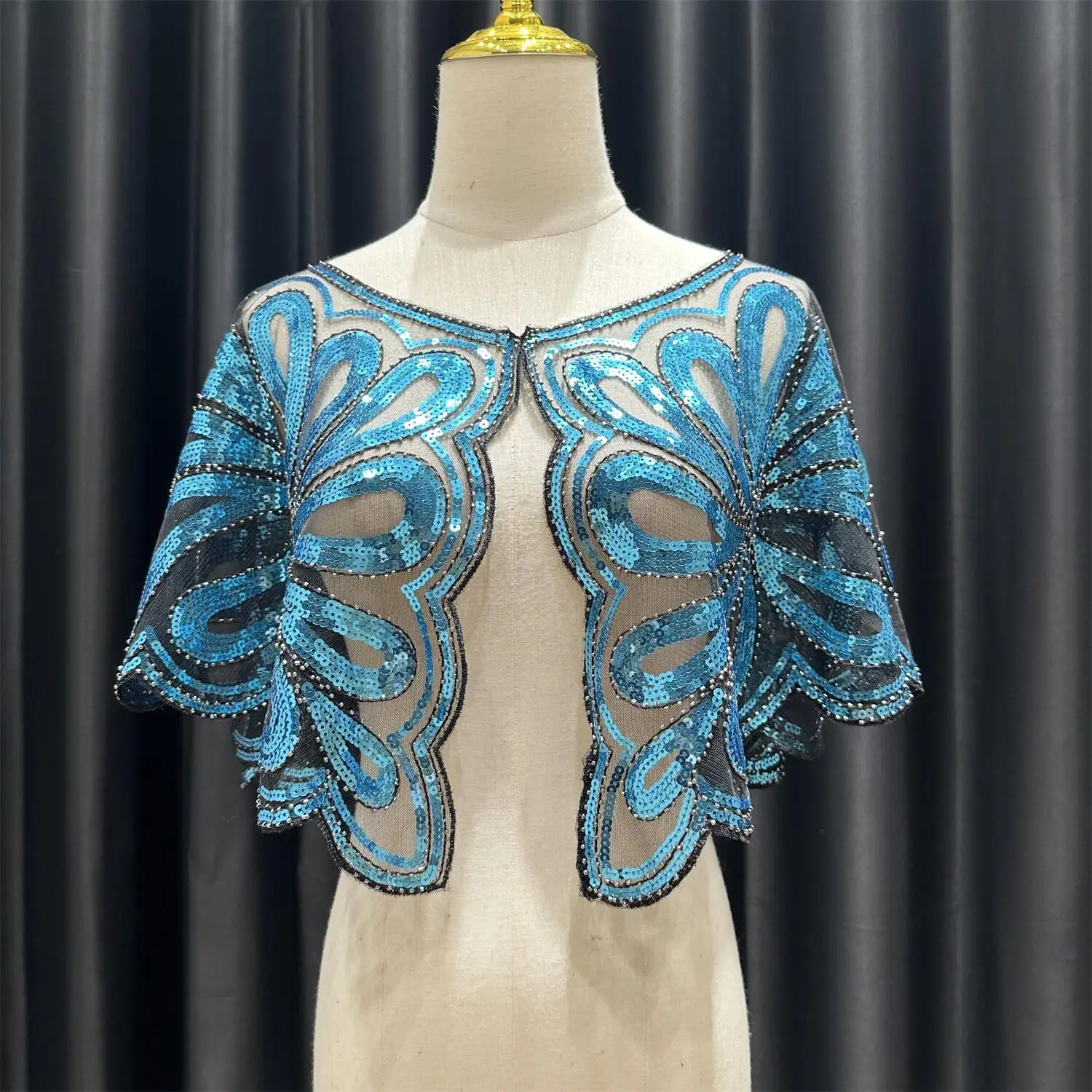 Elegant Sequin Bead Floral Mesh Shawl Vintage Inspired Short Cape with Black Trim Breathable for Evening