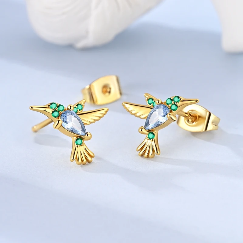 925 Sterling Silver Gold Plated Hummingbird Stud Earring For Anniversary Wedding Jewelry Gifts