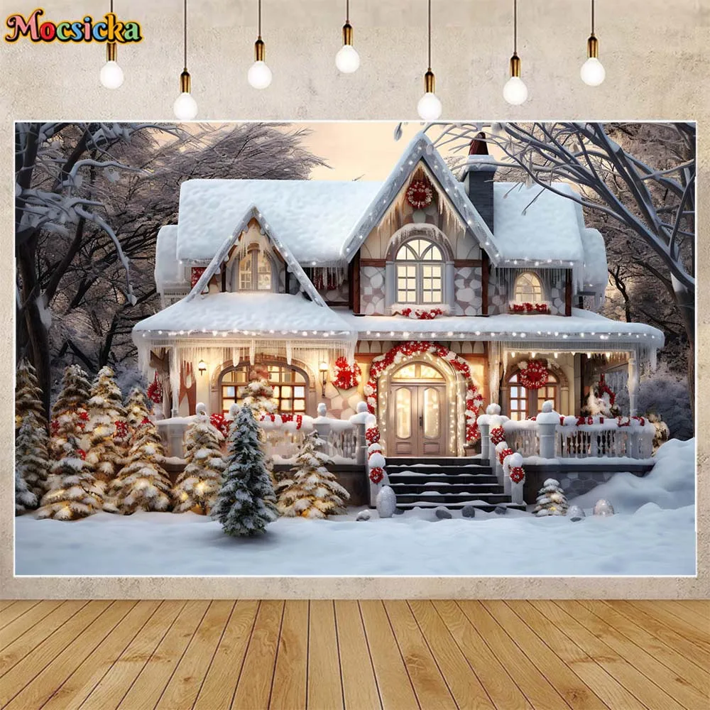 

Mocsicka Christmas House Background Decoration Winter Snow Forest Outdoor Child Portrait Photography Backdrop Photo Studio Props