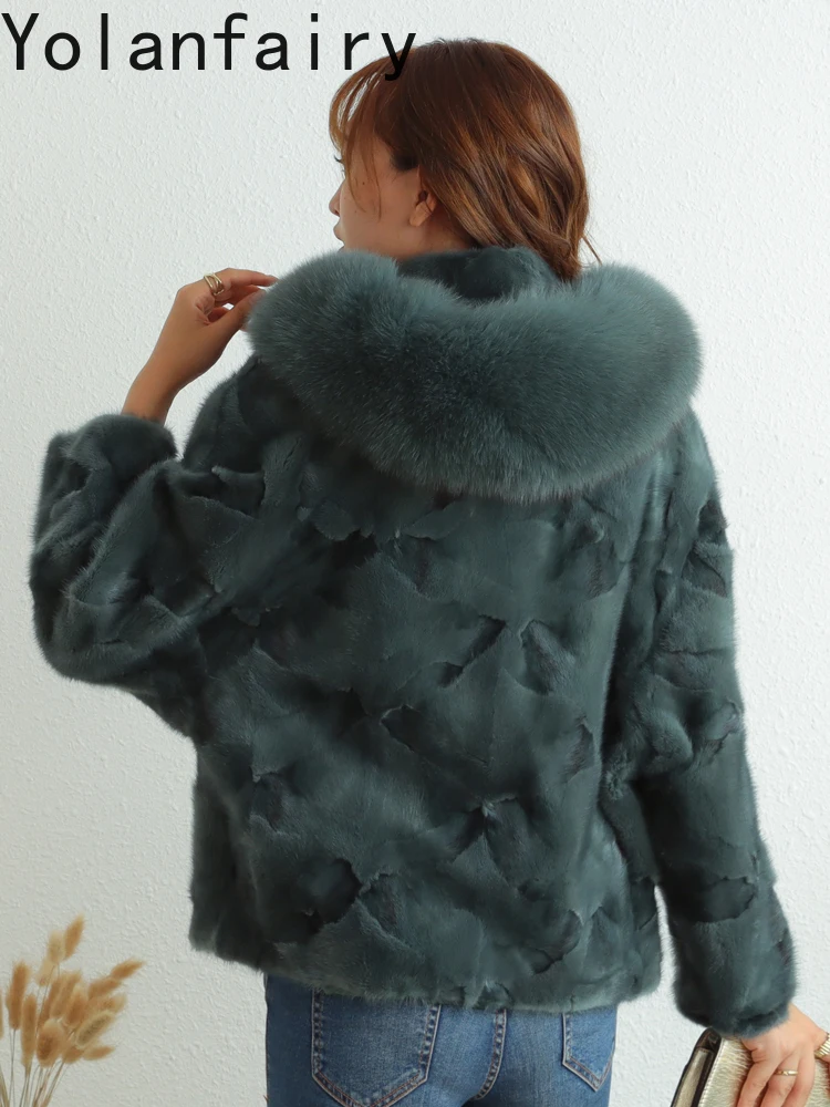 YOLANFAIRY Nowy Naturalny Płaszcz z Futra z Kapturem Odzież Damska 2025 Zimowy Krótki Płaszcz z Prawdziwego Futra Norki Kurtka Kołnierz z Futra Lisa Fourrures