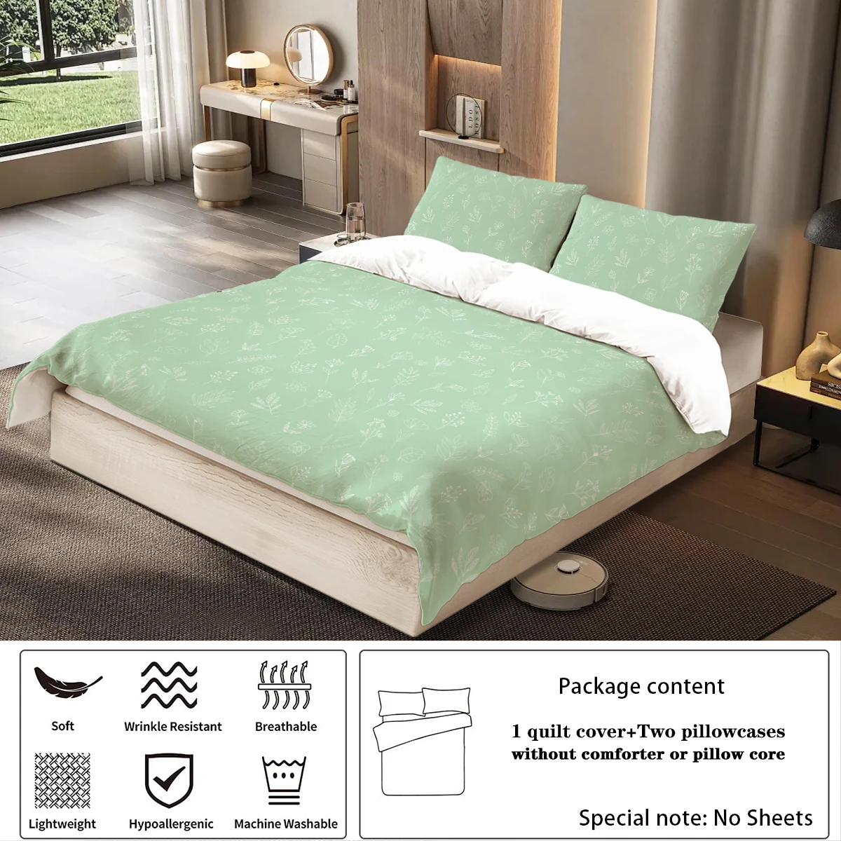 3pcs green sage pattern printed bedding set, 1*duvet cover+2*pillowcase, soft and comfortable, for adult and women\'s bedroom