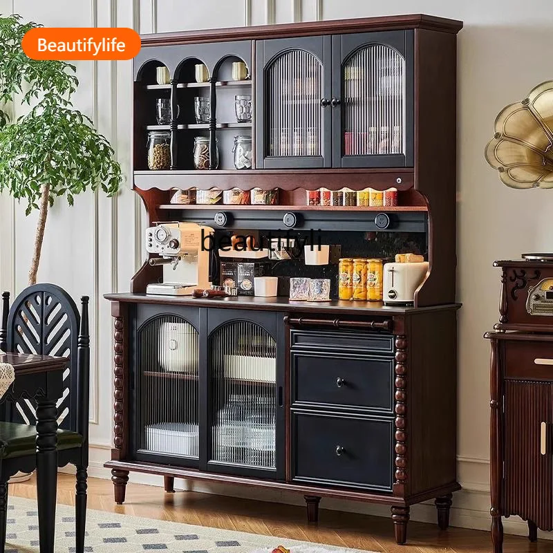 

French Retro Solid Wood Sideboard Wall-Mounted Integrated Storage Cabinet Kitchen Living Room Tea Wine Cabinet