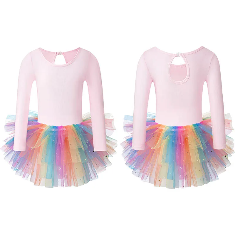 Langarm-Ballett-Trikot für Mädchen, wassertropfenförmiger Rücken, glänzende Tutu-Tanzkleider für Tanzaufführungen