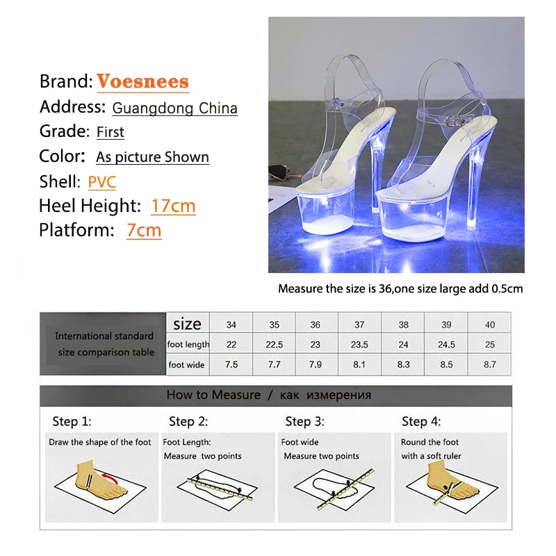 17CM Stripper Heels Women Glitter Shoes Sandals Clear Heel Light-emitting PVC Platform LED Light Buckle Strap Super High Heels