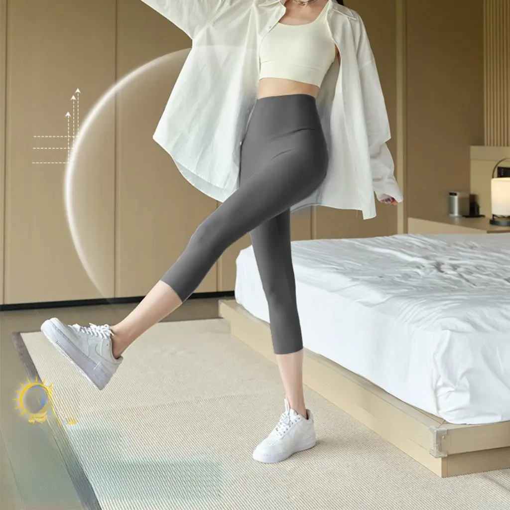 

Женские брюки из ледяного шелка с высокой талией, крутые брюки в виде акулы, антибактериальные леггинсы для йоги длиной до капри, тонкая верхняя одежда на лето