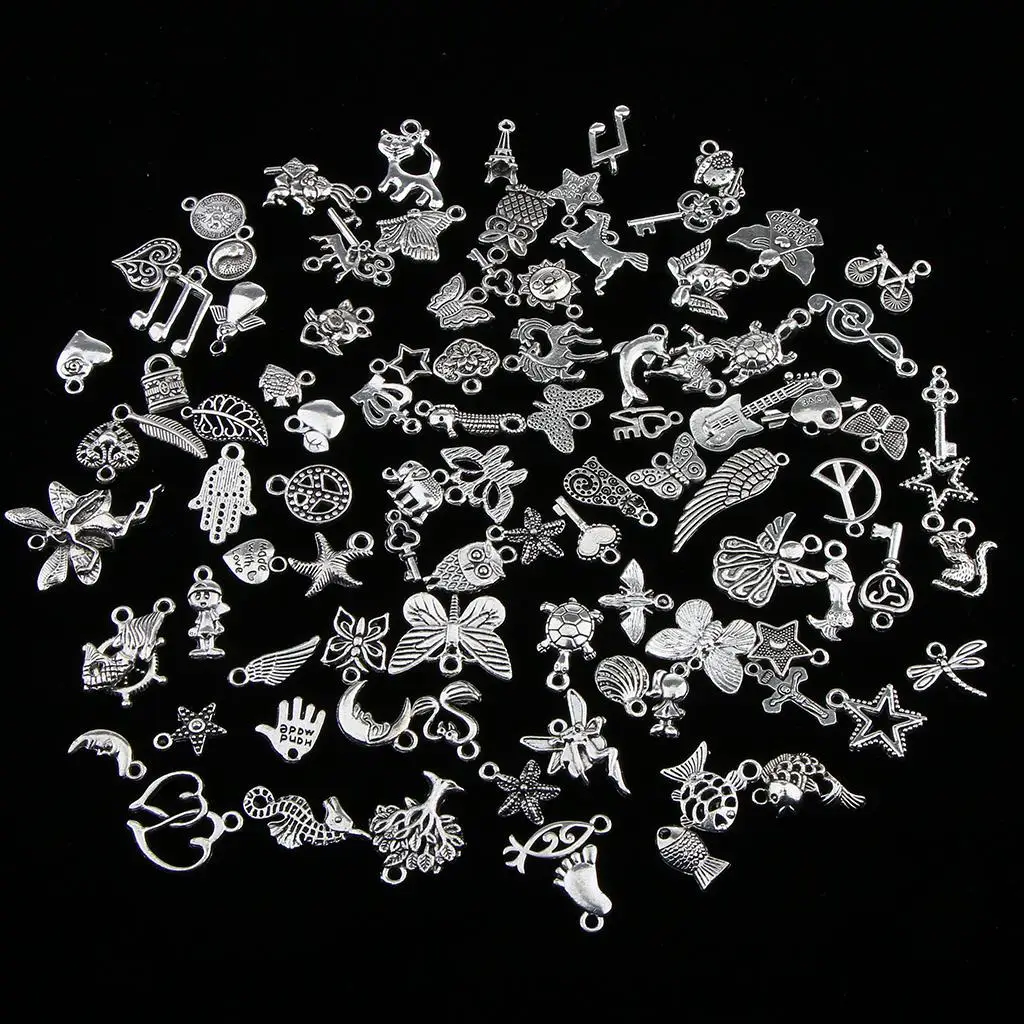 100 Pieces Bulk Wholesale Antique Silver Color Mixed Style Pendant Jewelry Findings DIY Necklace Pendant Jewelry Making