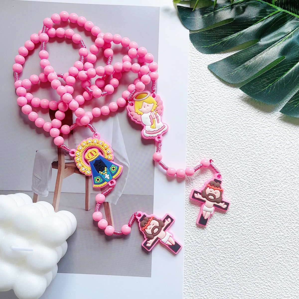 Catholic Children's Rosary Set with Angel Pendant Beaded Weaving Long Necklace for Boys And Girls