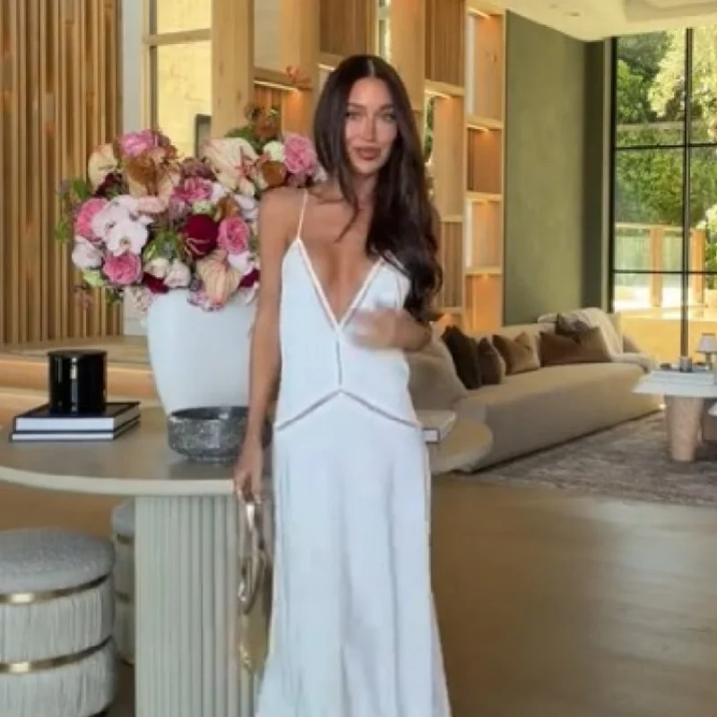 Elegantes weißes Maxikleid mit tiefem V-Ausschnitt und Spaghettiträgern für Damen, mit Taillenausschnitt, A-Linie, langes Kleid, Sommer 2026, Strandurlaub, Party-Robe