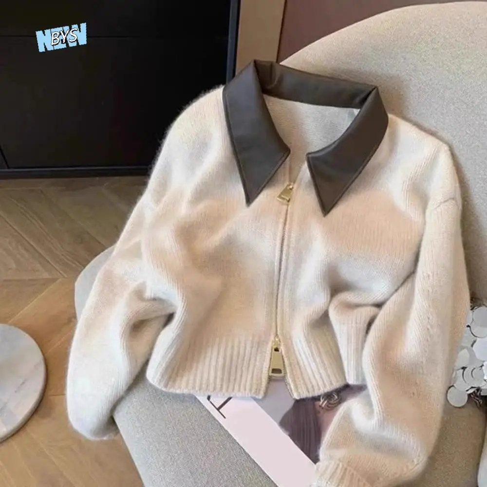 

Leather Collar Zipper Front Sweater Cardigan Long Sleeved Korean Style Flip Collar Sweater Streetwear Sewing Pattern Crochet Top